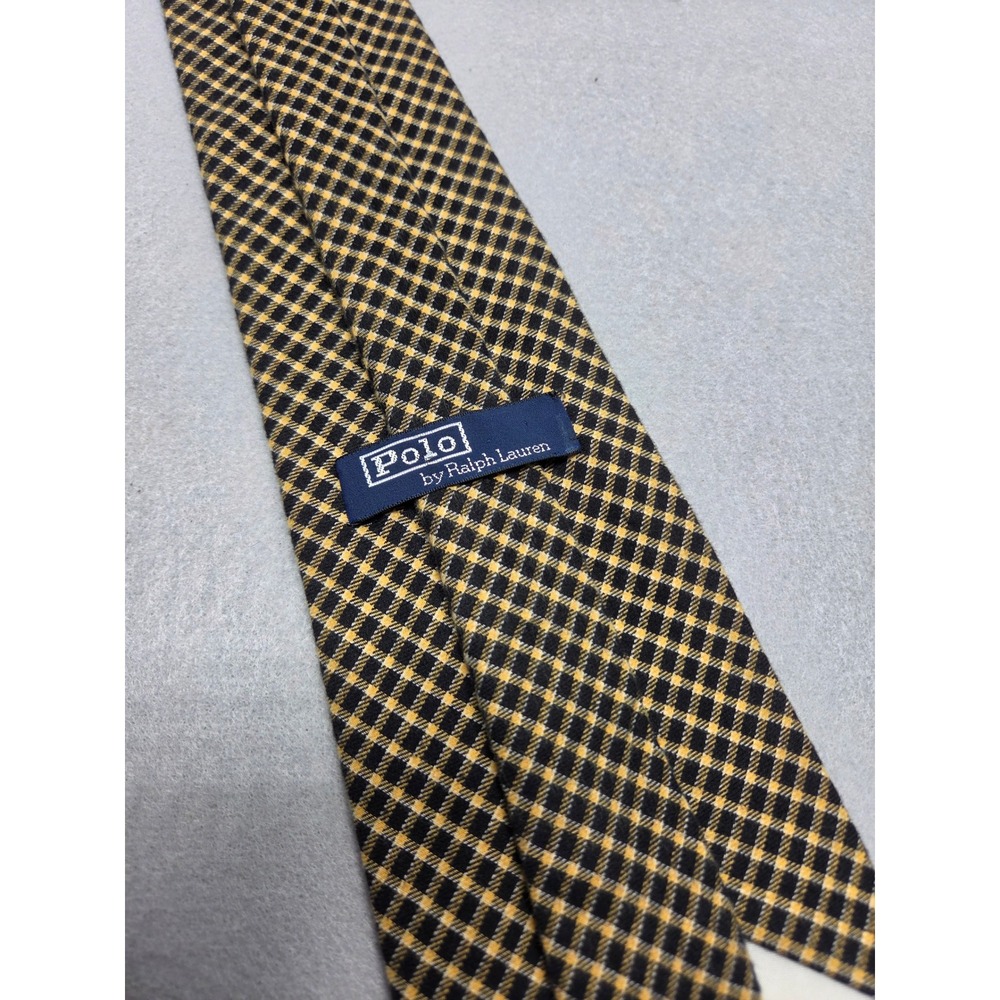Polo Ralph Lauren Yellow Black Plaid Cotton Tie Hand Finished USA Pony Logo